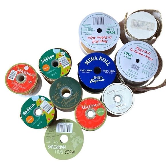 Lot Of 11 Vintage Spools Gold Ribbon Some Wired Craft New Old Stock NOS Christma - Picture 8 of 8